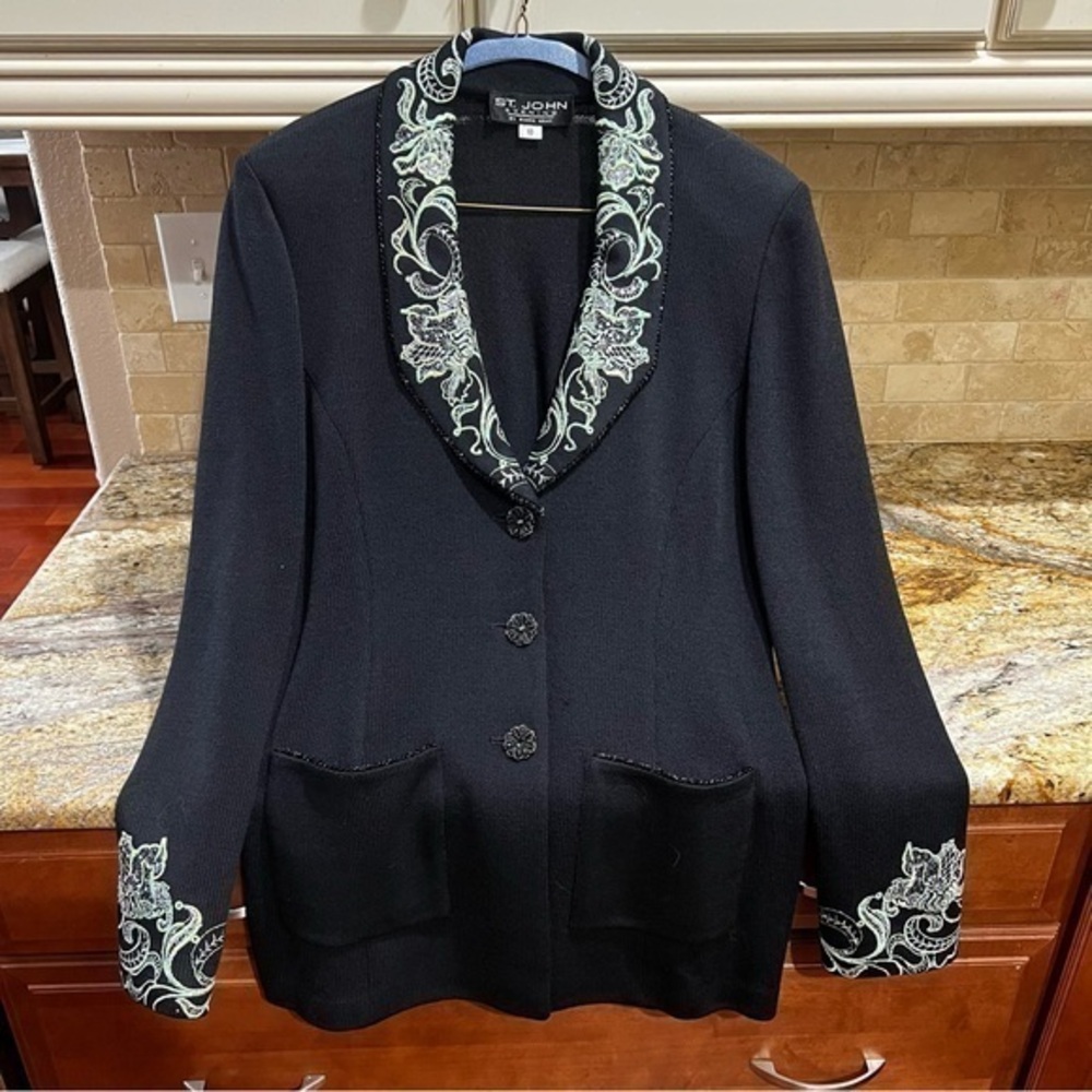 St. John Black Blazer with White Embroidery